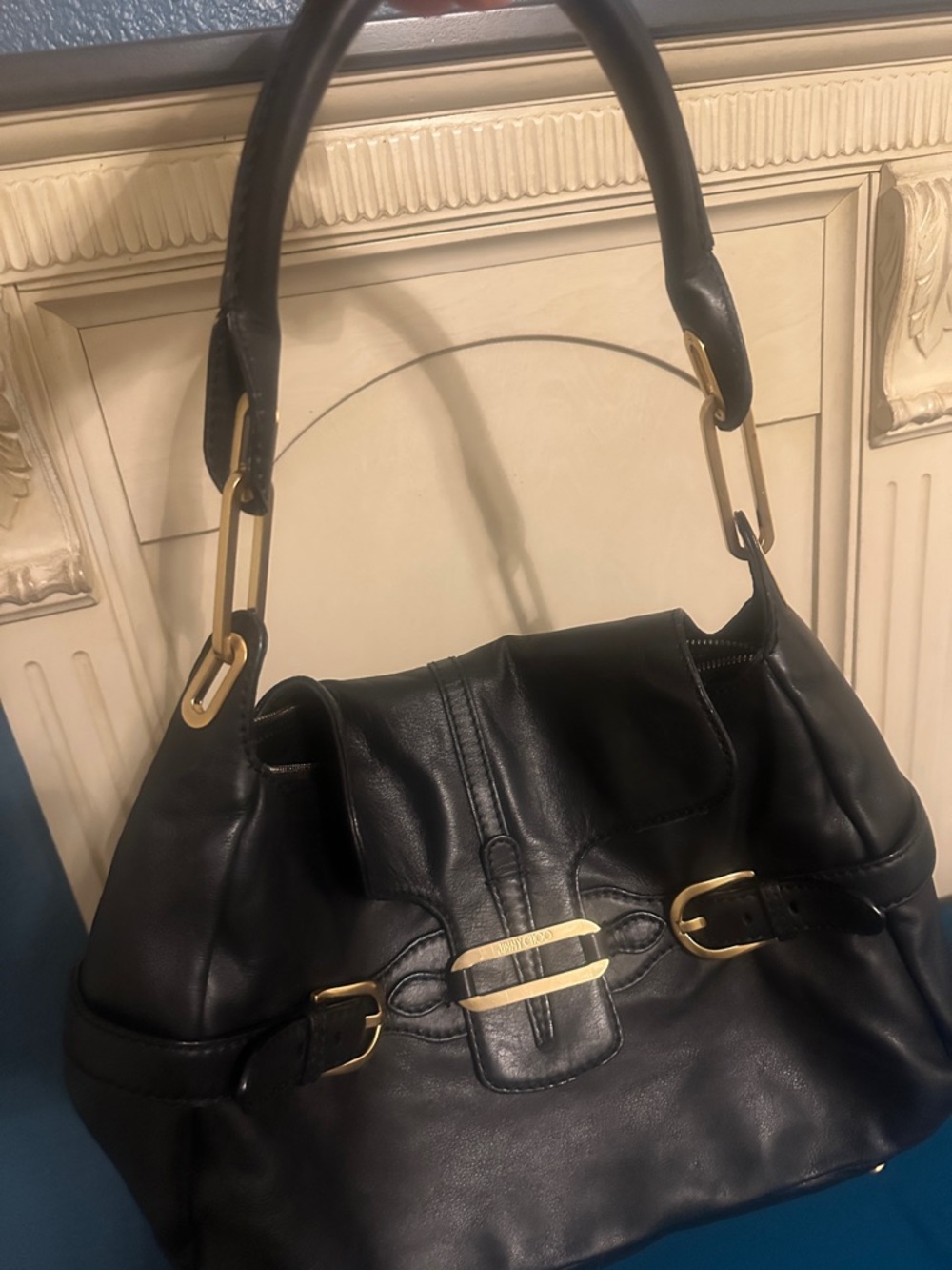 Jimmy Choo Black Leather Shoulder Bag with Gold Accents